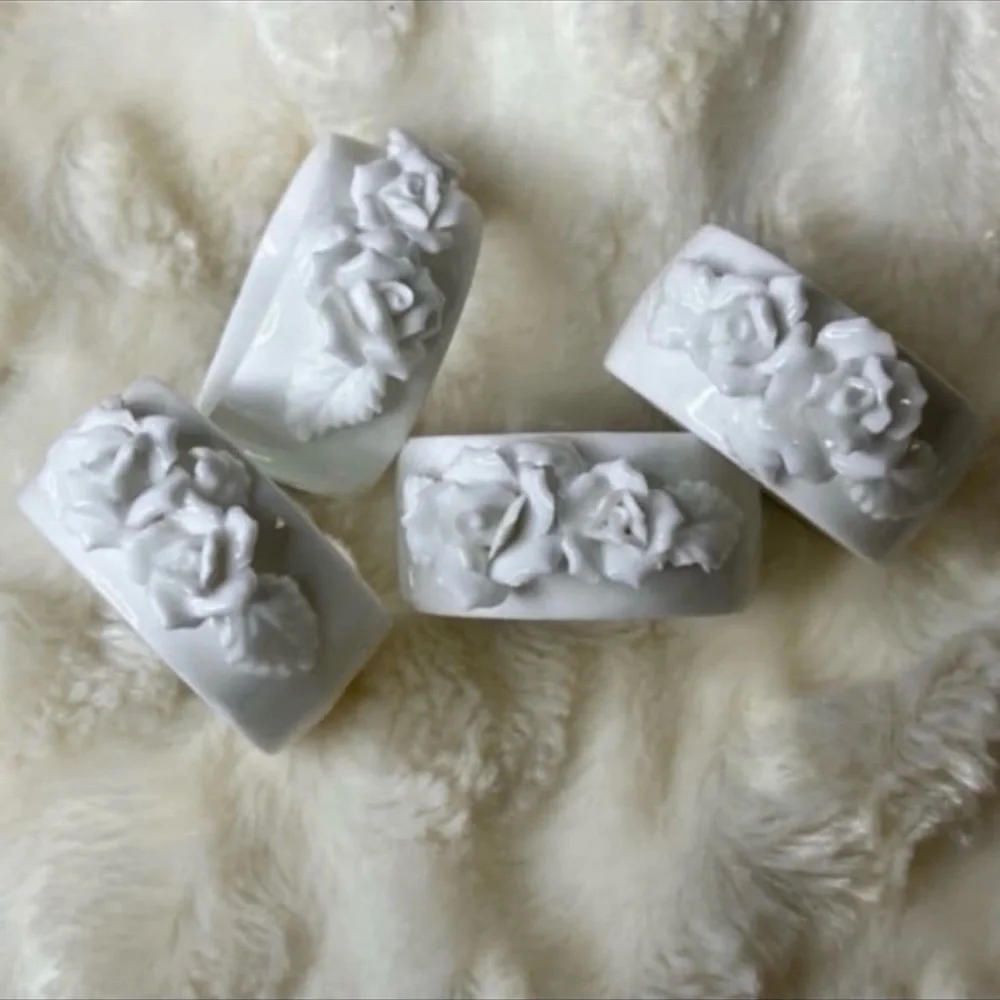 Antique Bone China Rose Napkin Rings Set of 4